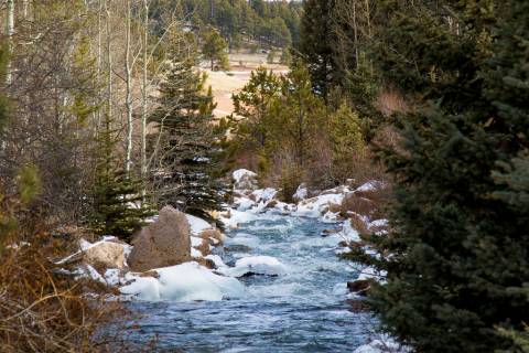 Creek winding through forest (local creek scene) Scenic creek flowing through Cascade‑Chipita Park, Colorado rental area managed by nestago®.